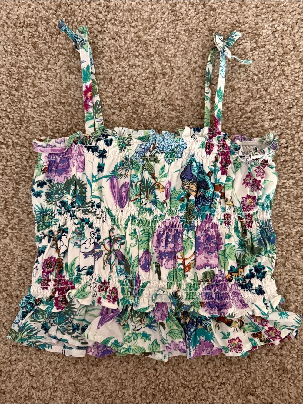 Janie and Jack White Floral Smocked top with Purple & Green Print